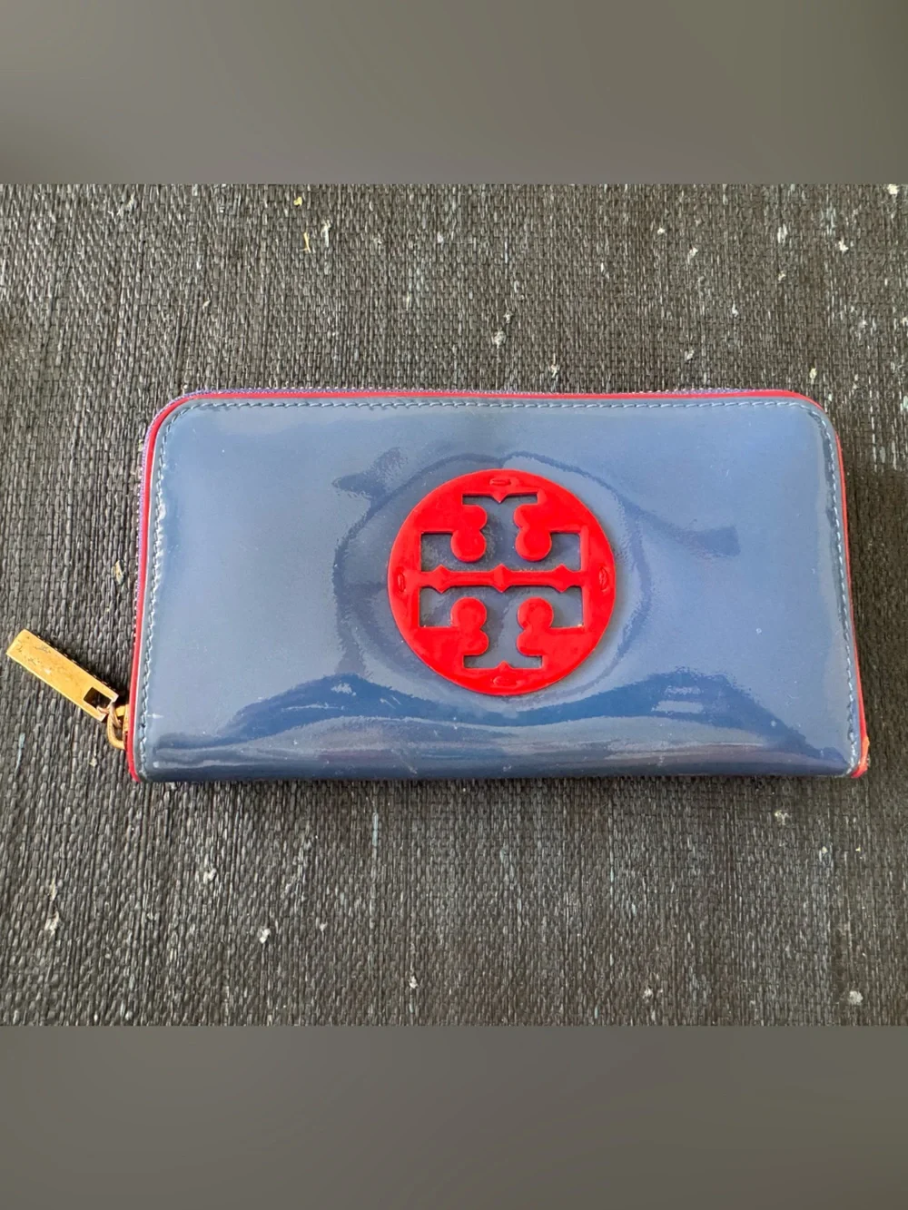 Tory Burch Blur Patent Zip Wallet with Red Logo Trim
